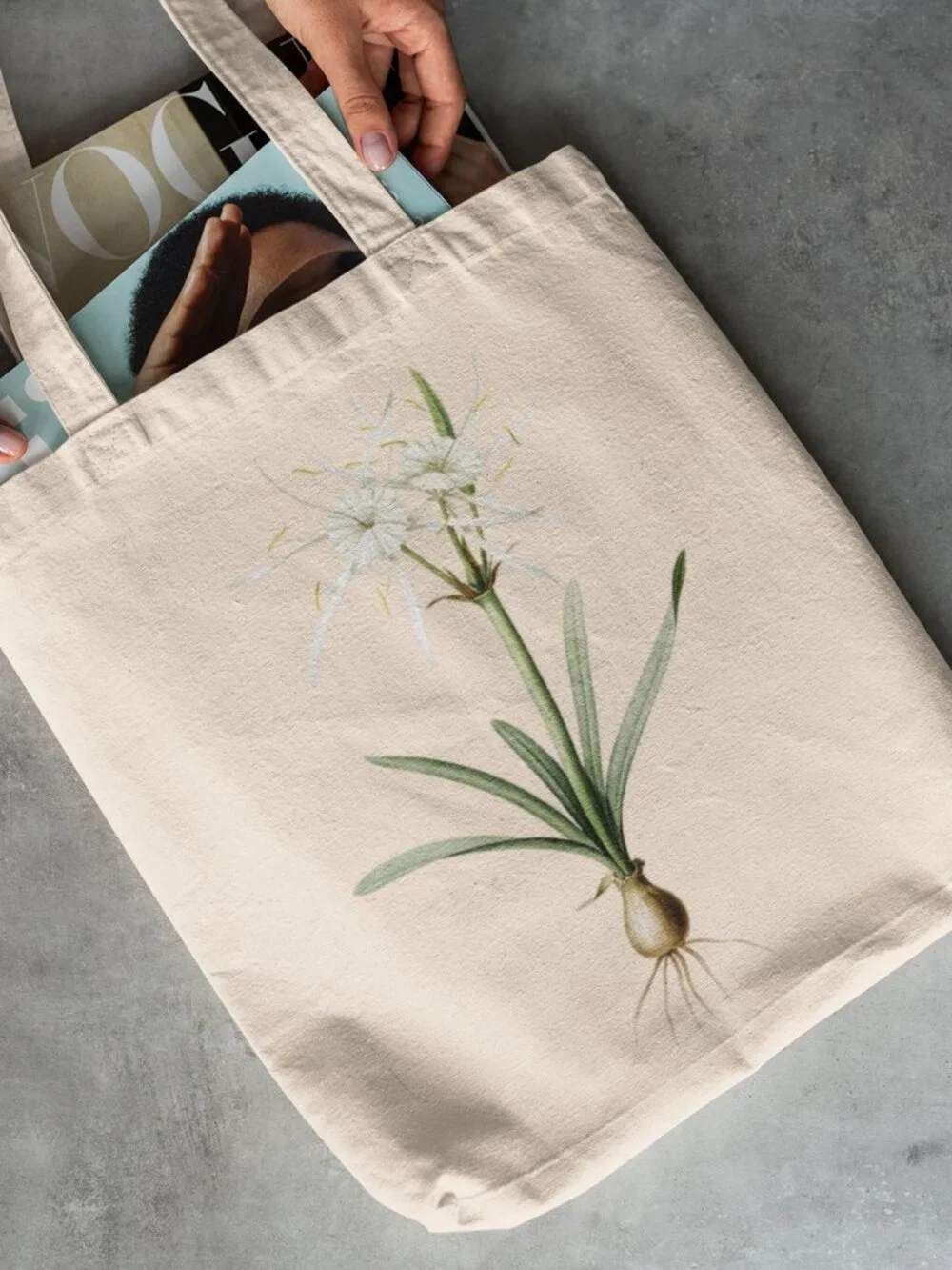Streambank Spiderlily Vintage Floral Print Graphic Canvas Tote Bag